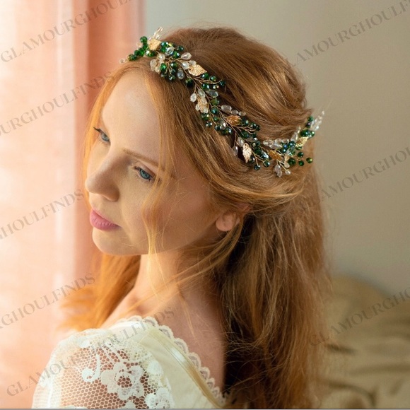 Gold Green and Crystal Hair Vine for Bridal Wedding Cosplay Renaissance Faire - Picture 2 of 5